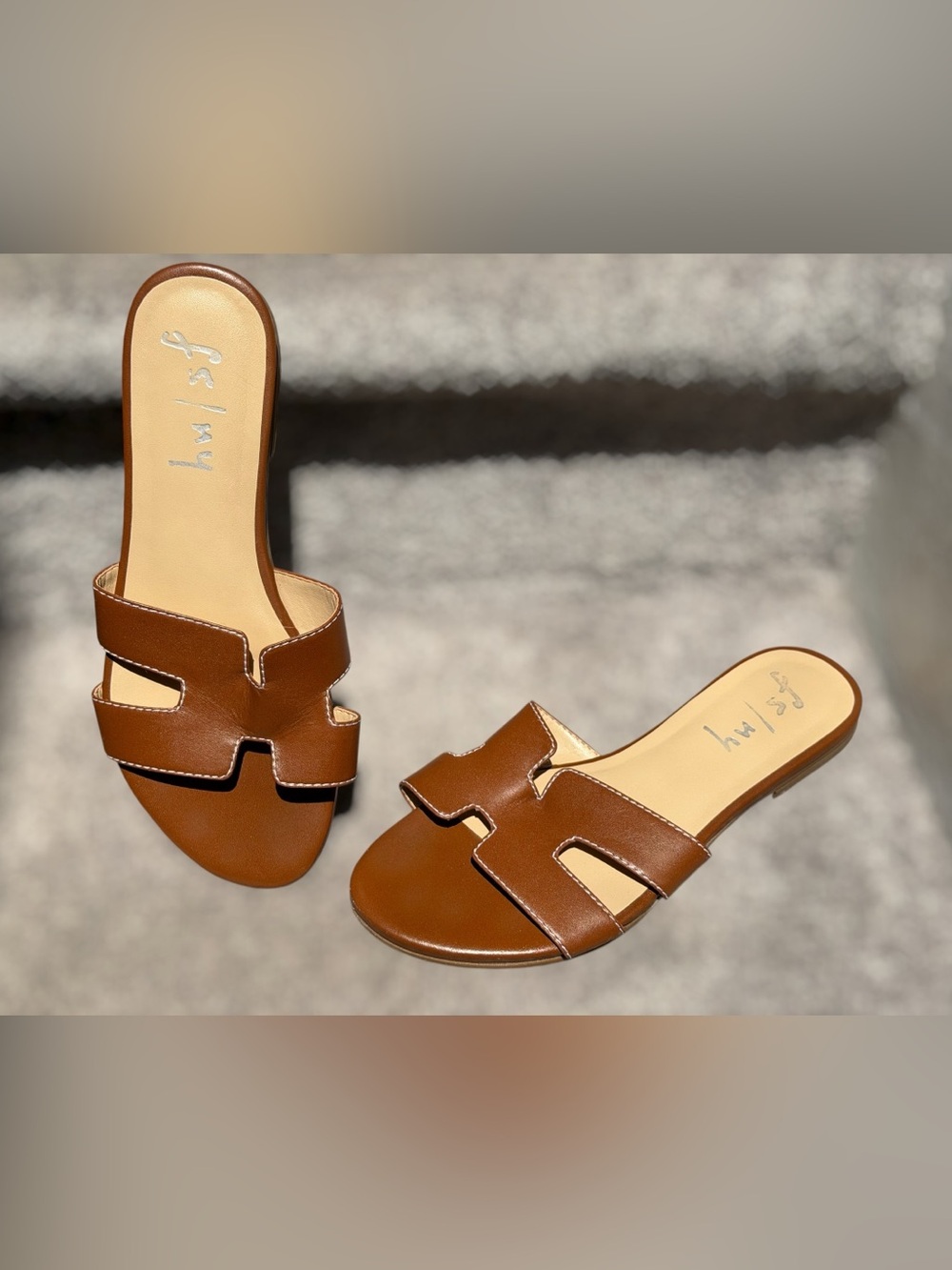 French Sole Alibi Leather Slide Sandals Cognac H Cutout Beach Summer Vacation